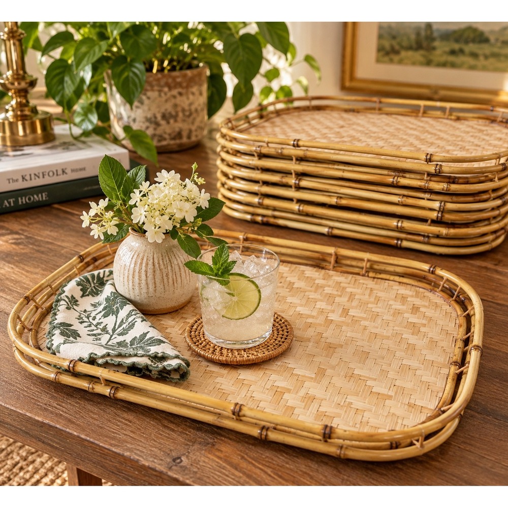 Vintage MCM Bamboo Rattan Serving Trays Set of 8 Woven Boho Tiki 19"